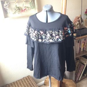 Black Tiered Floral Embroidered Folk Blouse NWT